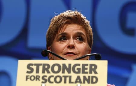 Party leader Nicola Sturgeon speaks at the Scottish National Party's conference in Aberdeen, Scotland, Britain March 18, 2017. REUTERS/Russell Cheyne