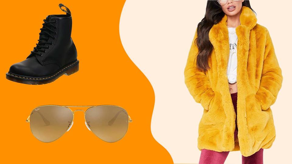 Replicate the 'Only Murders in the Building' costume with Doc Martens, Ray-Ban aviator sunglasses, and faux-fur coat.