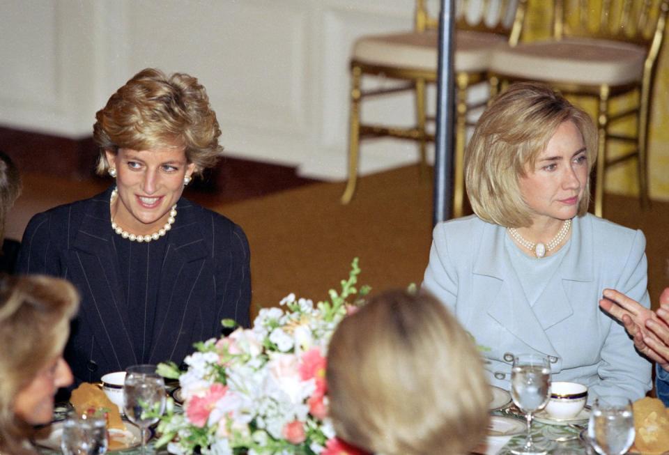 <p>The then-First Lady welcomed Princess Diana to a White House breakfast in a powder blue blazer. Like the royal, she opted for a pearl necklace to complete her look. </p>