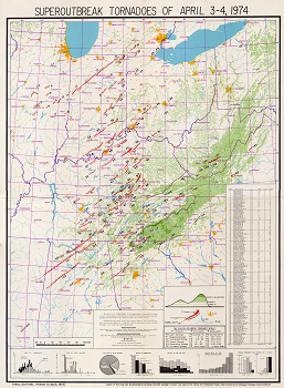 <em>April 1974 Super Outbreak map of the path and intensity of 148 tornadoes mapped by Dr. T. Theodore Fujita of the University of Chicago</em>.