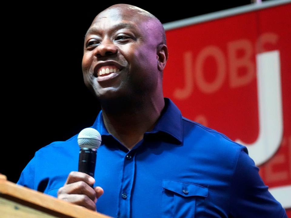 Sen. Tim Scott, a Republican of South Carolkina, speaks at a fundraiser in Anderson, South Carolina on August 22, 2022.