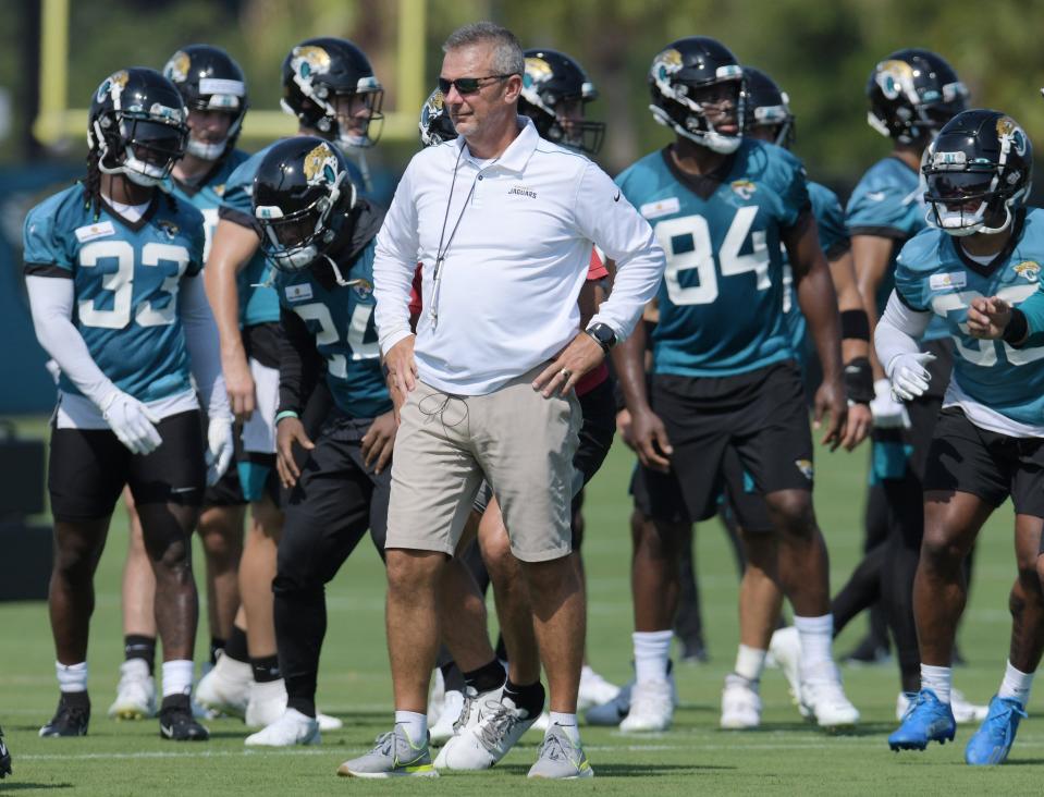 Jaguars Head Coach Urban Meyer on the sidelines during drills at Tuesday's minicamp session. The Jacksonville Jaguars held their Tuesday morning session of the team's mandatory minicamp at the practice fields outside TIAA Bank Field, June 15, 2021. [Bob Self/Florida Times-Union]