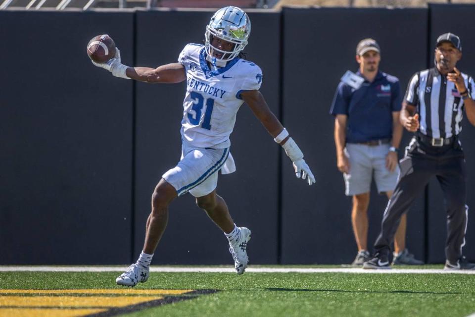 Kentucky cornerback Maxwell Hairston (31) scored two touchdowns on interception returns in UK’s 45-28 win at Vanderbilt last week.