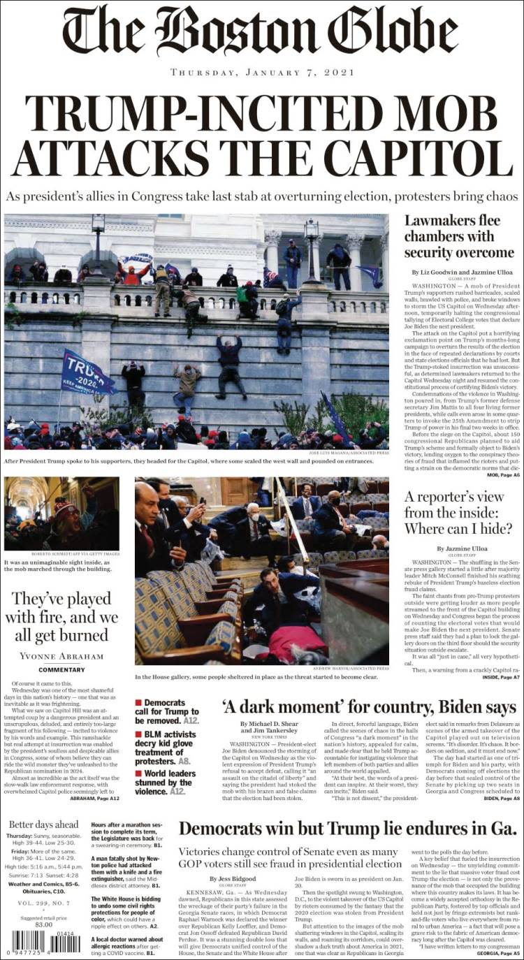 Front page of the Boston Globe on Thursday