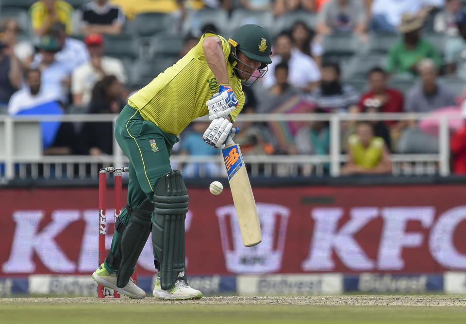 South Africa's David Miller plays a shot during the T20I match between South Africa and Pakistan at Wanderers Stadium in Johannesburg, South Africa, Sunday, Feb. 3, 2019. (AP Photo/Christiaan Kotze)