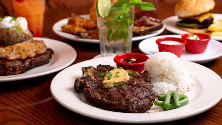 steak rice veggies white plate