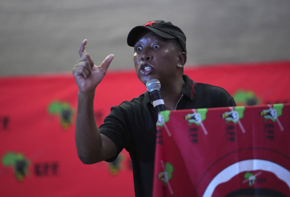 Economic Freedom Fighters leader Julius Malema addresses volunteers and members in Umlazi township in KwaZulu Natal province, South Africa, Thursday, Feb. 8. 2024. Economic Freedom Fighters party will launch its election campaign manifesto on Saturday Feb. 10. The province is set to be the stage for political contestation for the hotly contested South African elections later this year. (AP Photo/Tsvangirayi Mukwazhi)