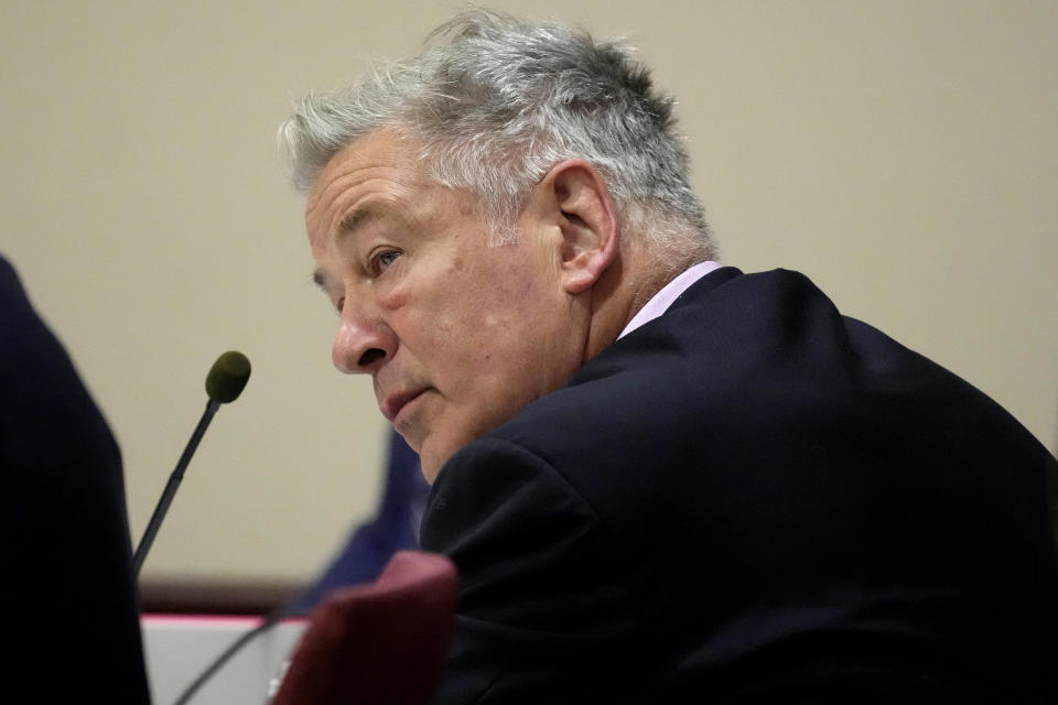 Alec Baldwin at the defense table during his manslaughter trial in Santa Fe County District Court