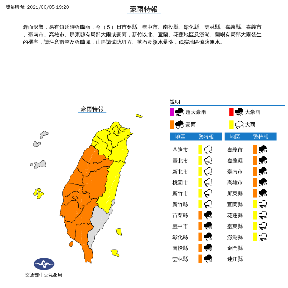 氣象局持續發布豪、大雨特報。