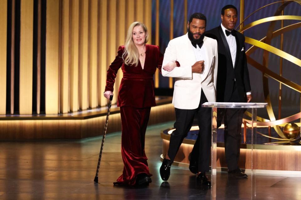 Christina Applegate with 2024 Emmys host Anthony Anderson in January. REUTERS