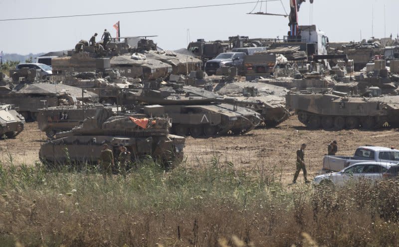 Israeli bombing inside Rafah in southern Gaza Strip as seen from inside southern Israel on Tuesday after Israel entered Rafiah and took over the Kerem Shalom crossing in what appears to be a "limited" ground offensive against Hamas. Photo by Jim Hollander/UPI