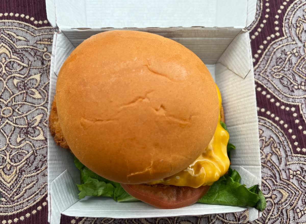 chick-fil-a deluxe sandwich in a takeout container.