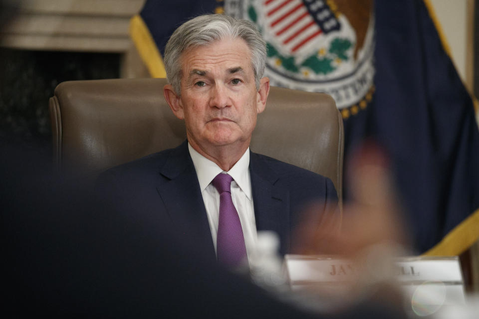 FILE - In this Oct. 4, 2019, file photo Federal Reserve Chairman Jerome Powell listens to feedback during a panel at the Federal Reserve Board Building in Washington. On Tuesday, Oct. 8, Powell is scheduled to speak about the Fed’s interest rate policy in Denver at the annual meeting of the National Association for Business Economics. (AP Photo/Jacquelyn Martin, File)