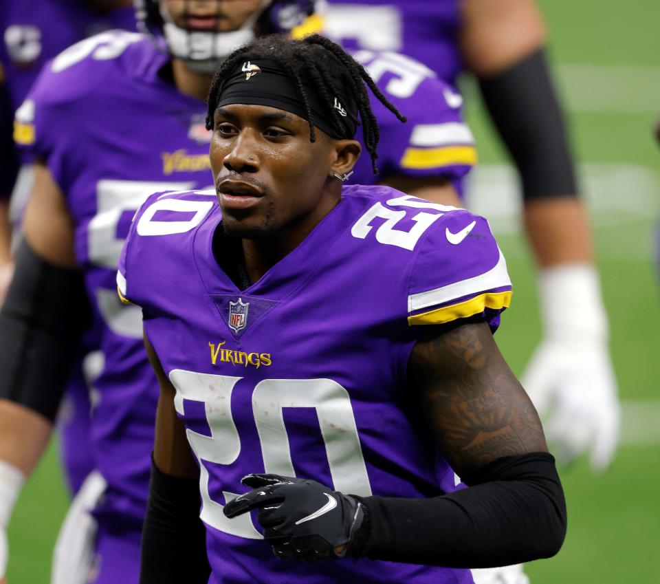 Minnesota Vikings cornerback Jeff Gladney (20) before an NFL football game against the New Orleans Saints, Friday, Dec. 25, 2020, in New Orleans. (AP Photo/Tyler Kaufman)