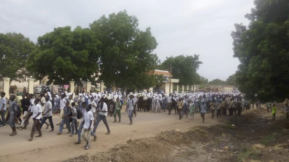 This image provided by the Sudanese Congress Party, shows High school students are protesting in al-Damazin, the capital city of the Blue Nile province, Sudan, Tuesday, July 30, 2019. Thousands of Sudanese students have taken to the streets in the capital and elsewhere in the country to condemn violence against fellow students. (Sudanese Congress Party via AP)