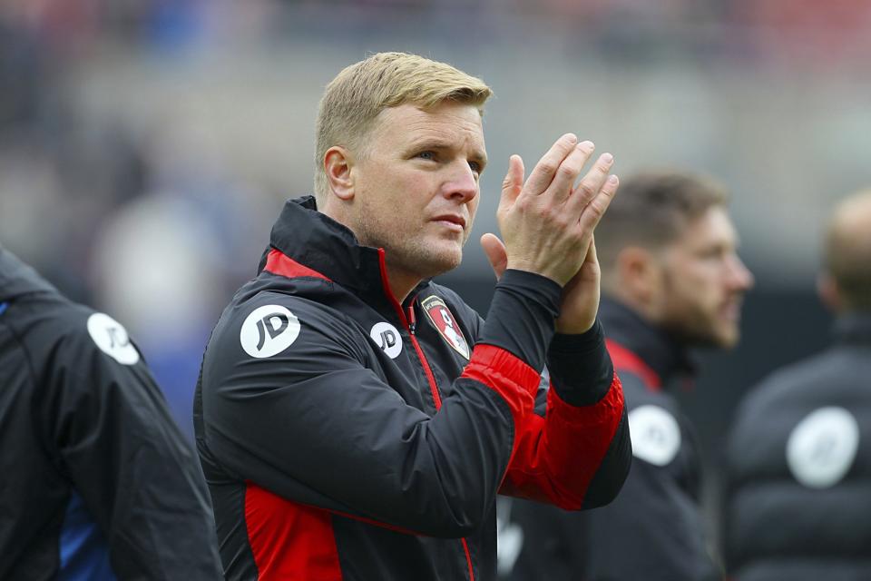 <p>AFC Bournemouth manager Eddie Howe applauds the fans </p>