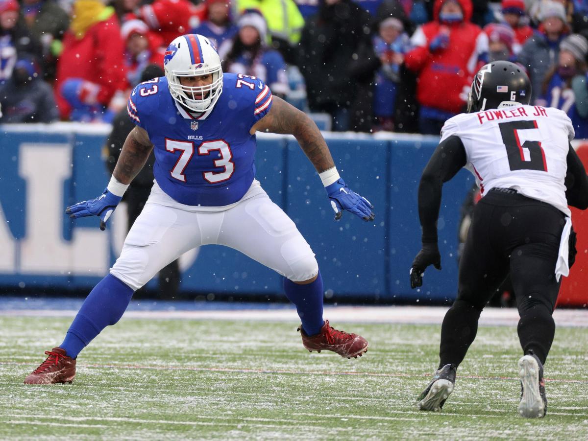 Buffalo Bills offensive tackle Dion Dawkins (73) greets fans after their 32-29  win over the Miami Dolphins during an NFL football game at Highmark Stadium  on Saturday, Dec. 17, 2022 in Orchard