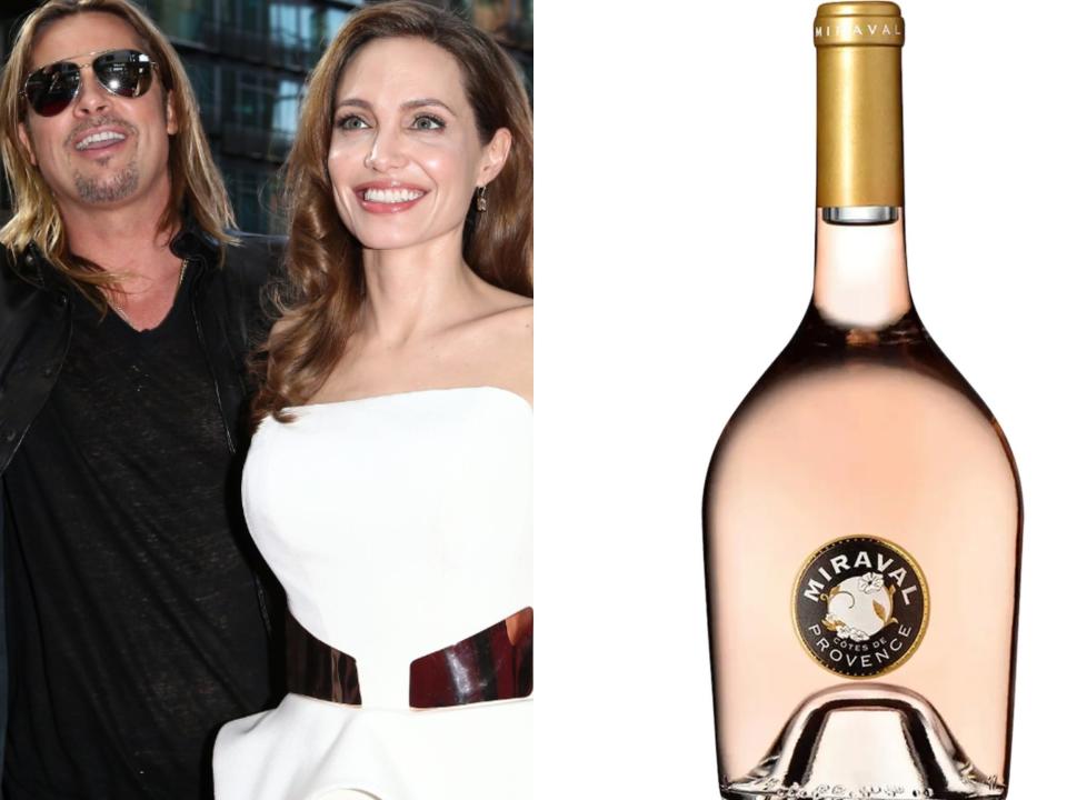 Brad Pitt and Angelina Jolie as a couple in a side-by-side next to their wine, Miraval.