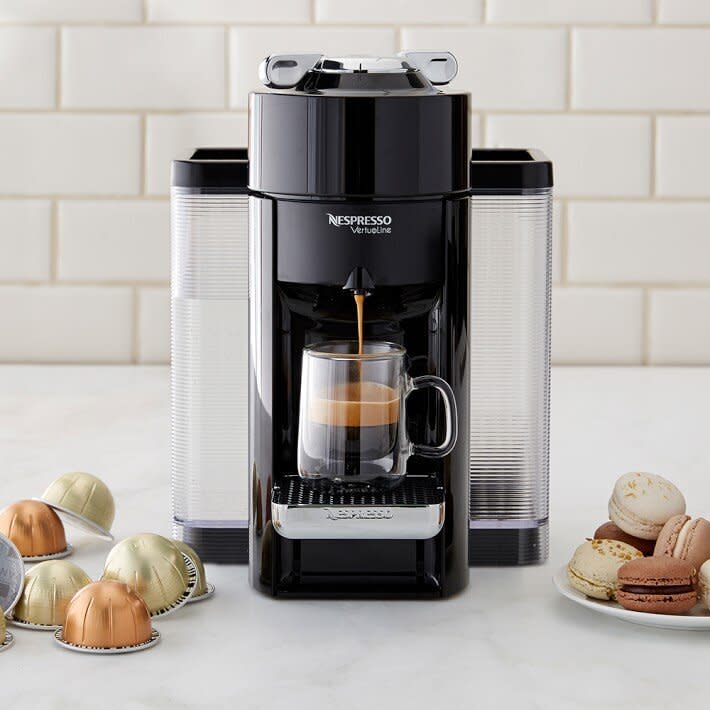 <a href="https://fave.co/3iiSaxQ" target="_blank" rel="noopener noreferrer">This Nespresso Vertuo Coffee Maker espresso machine</a> makes both brewed coffees and authentic espresso. It uses Nespresso VertuoLine capsules and ultra-quiet Centrifusio technology to gently and precisely brew your cup of coffee. The machine also includes an attached water tank, so you won't have to refill it often.<br /><strong>Rating</strong>: 4.6-star<br /><strong>Reviews</strong>: more than 200<br /><br />Find it for <a href="https://fave.co/3iiSaxQ" target="_blank" rel="noopener noreferrer">$200 at Williams-Sonoma</a>.