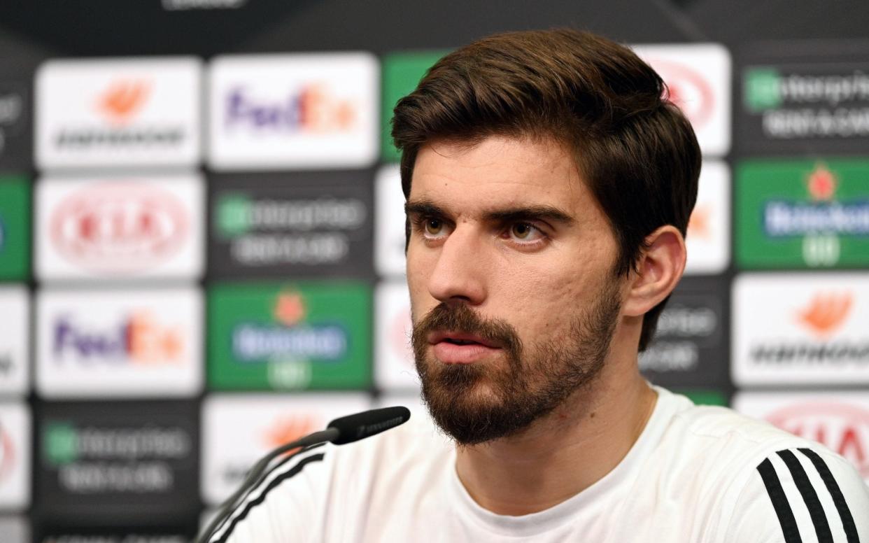 Ruben Neves of Wolverhampton Wanderers speaks to the media during a press conference ahead of their UEFA Europa League Quarter Final match against Sevilla  - Getty Images