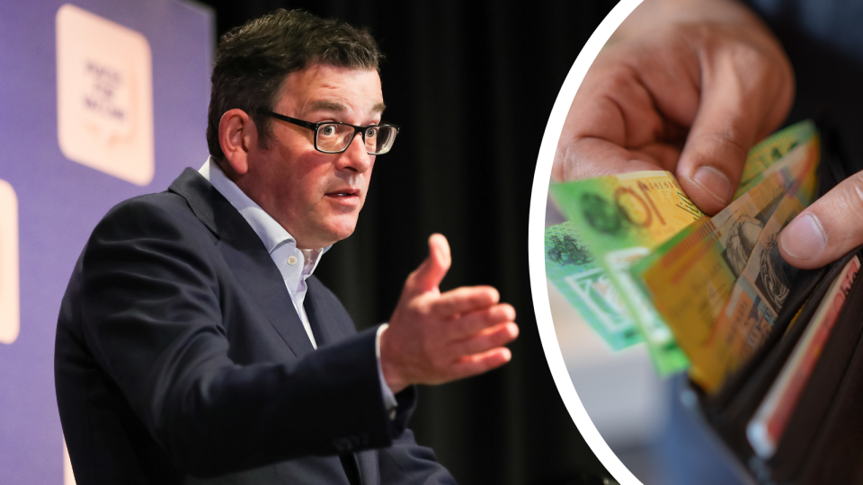 Victorian Premier Daniel Andrews speaking at a press conference and a person removing $100 notes from a wallet.