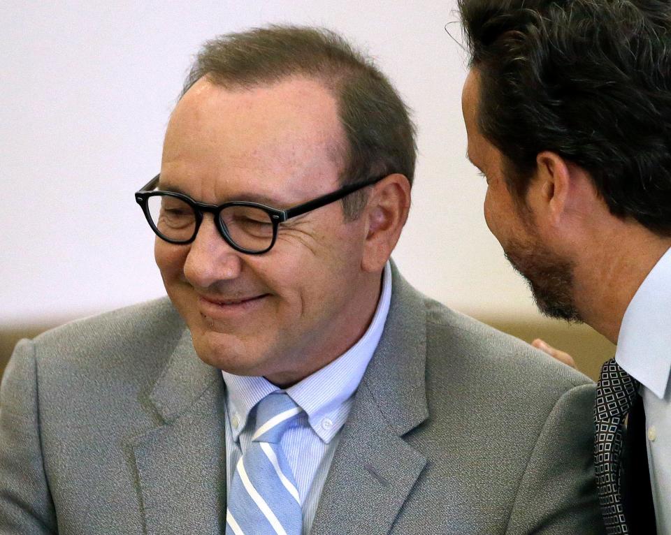 Kevin Spacey listens to attorney Alan Jackson during a pretrial hearing on  June 3, 2019, in Nantucket, Mass.