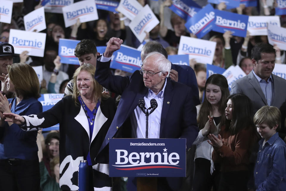 Democratic presidential candidate Sen. Bernie Sanders, I-Vt., speaks during a primary night election rally in Essex Junction, Vt., Tuesday, March 3, 2020. (AP Photo/Charles Krupa)