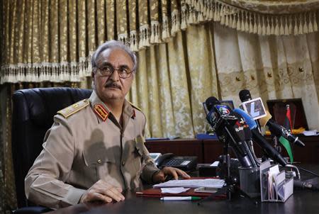 General Khalifa Haftar attends a news conference at Benina air base in Benghazi May 24, 2014. REUTERS/Esam Omran Al-Fetori