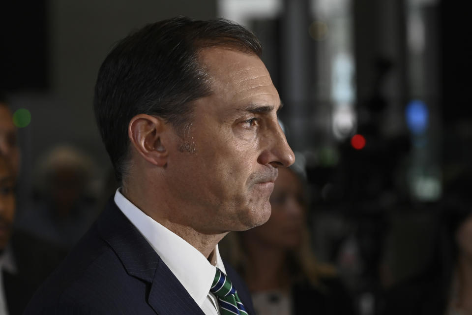 John R. Lausch, Jr., United States Attorney for the Northern District of Illinois, speaks at the Dirksen Federal Courthouse in Chicago after verdicts were reached in R. Kelly's trial, Wednesday, Sept. 14, 2022, in Chicago. A federal jury on Wednesday convicted R. Kelly of several child pornography and sex abuse charges in his hometown of Chicago, delivering another legal blow to a singer who used to be one of the biggest R&B stars in the world. (AP Photo/Matt Marton)