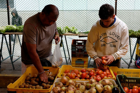 People shop at a vegetables and fruits stall in a street market in Caracas, Venezuela August 18, 2018. REUTERS/Marco Bello