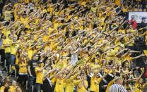 Wichita State fans try and bother Drake as they shoot free throws against the Shockers in the second half at Koch Arena Saturday Feb. 22, 2014. in Wichita, Kan. (AP Photo/The Wichita Eagle, Fernando Salazar) LOCAL TV OUT; MAGS OUT; LOCAL RADIO OUT; LOCAL INTERNET OUT