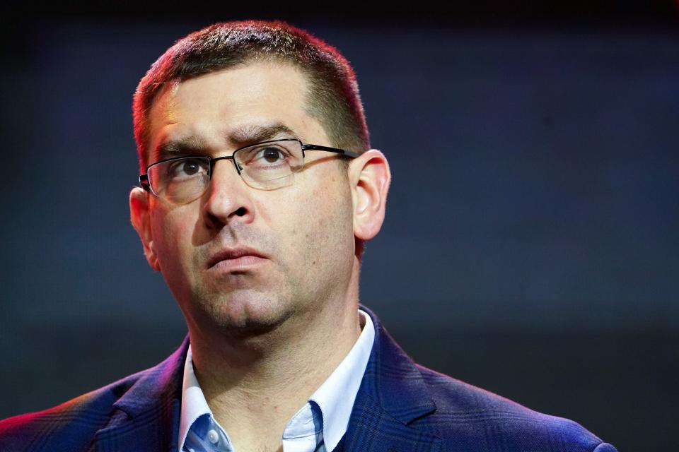 Cincinnati Reds General Manager Nick Krall answer questions during Redsfest, Friday, Dec. 2, 2022, at Duke Energy Convention Center in Cincinnati.