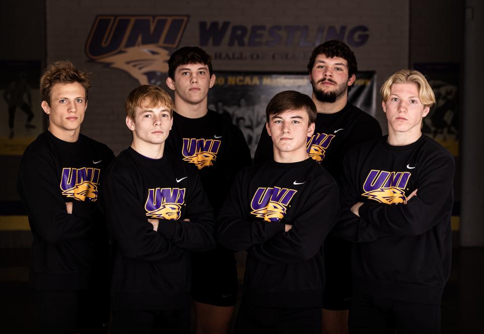 Northern Iowa freshmen wrestlers pose for a photo during media day on Thursday, Oct. 20, 2022 at the West Gym in Cedar Falls. Back row, from left: Garrett Funk, Wyatt Voelker, Chet Buss, Ryder Downey. Front row, from left: Trever Anderson, Cory Land.