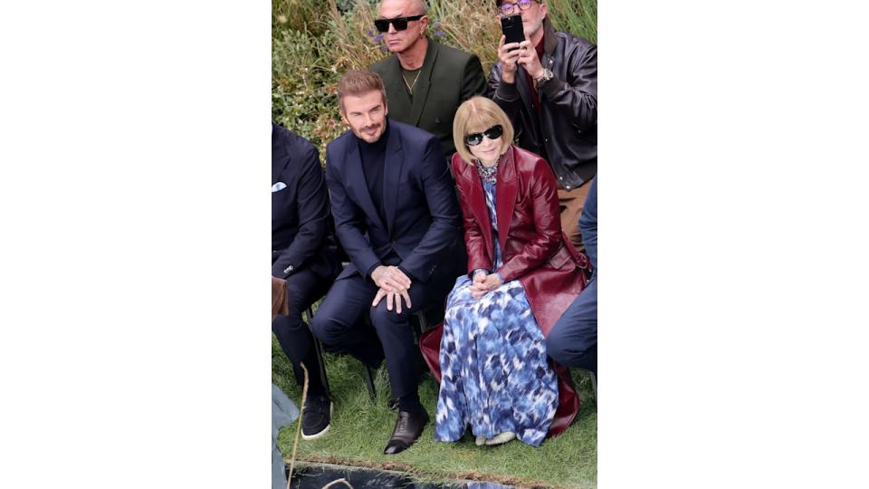 David Beckham and Anna Wintour  attend the Boss fashion show during the Milan Womenswear Spring/Summer 2025 on September 18, 2024 in Milan, Italy. (Photo by Jacopo Raule/Getty Images)