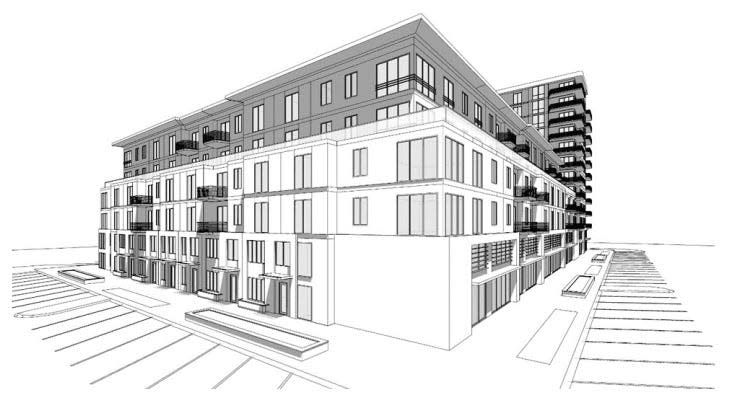 A drawing of an apartment complex with commercial space Sudbury developers hope to build in southwest Bloomington.