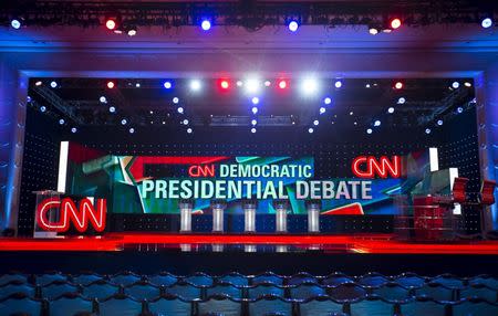 The stage is set for the first democratic presidential candidate debate to be held at the Wynn Hotel in Las Vegas, Nevada October 13, 2015. REUTERS/Mike Blake