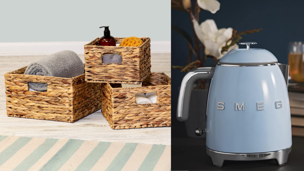 wicker baskets and a smeg teapot from amazon