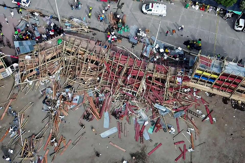 Aerial view of the collapsed grandstand in a bullring in the Colombian municipality of El Espinal, southwest of Bogotá