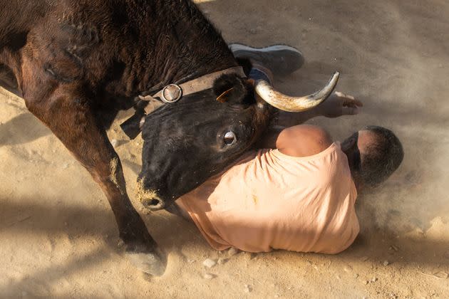 A bull in Denia, Spain, charges a participant in the running of the bulls on July 17, 2022. (Photo: Zowy Voeten via Getty Images)