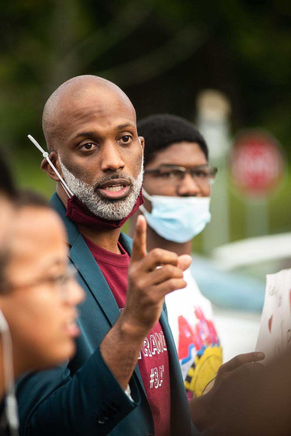 Omar Perez, Middletown High School dean of students, talks during a protest against Perez's transfer at Presidential Park Elementary School in Middletown, NY on Thursday, September 2, 2021. Perez lead a sexual assault probe against a school employee at the high school.