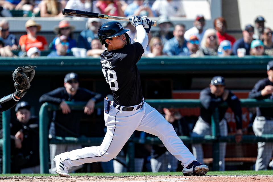 Tigers first baseman Keston Hiura bats against the Yankees during the second inning of the Grapefruit League season opener at Joker Marchant Stadium in Lakeland, Florida, on Saturday, Feb. 24, 2024.