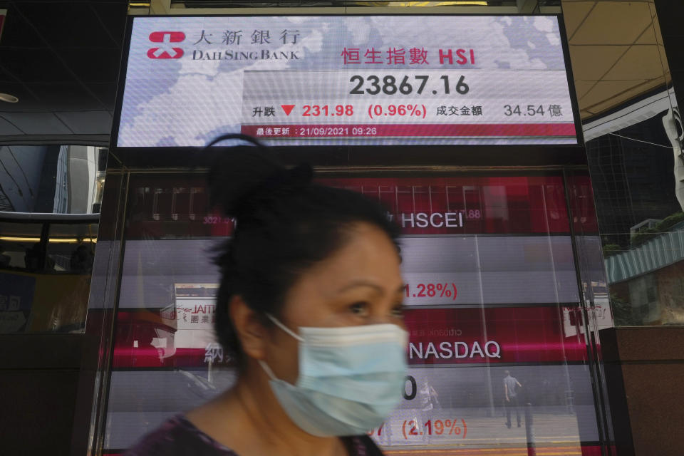 A woman walks past a bank's electronic board showing the Hong Kong share index at Hong Kong Stock Exchange in Hong Kong Tuesday, Sept. 21, 2021. Asian shares declined Tuesday, with Tokyo down 2% as worries about heavily indebted Chinese real estate developers weighed on sentiment. (AP Photo/Vincent Yu)