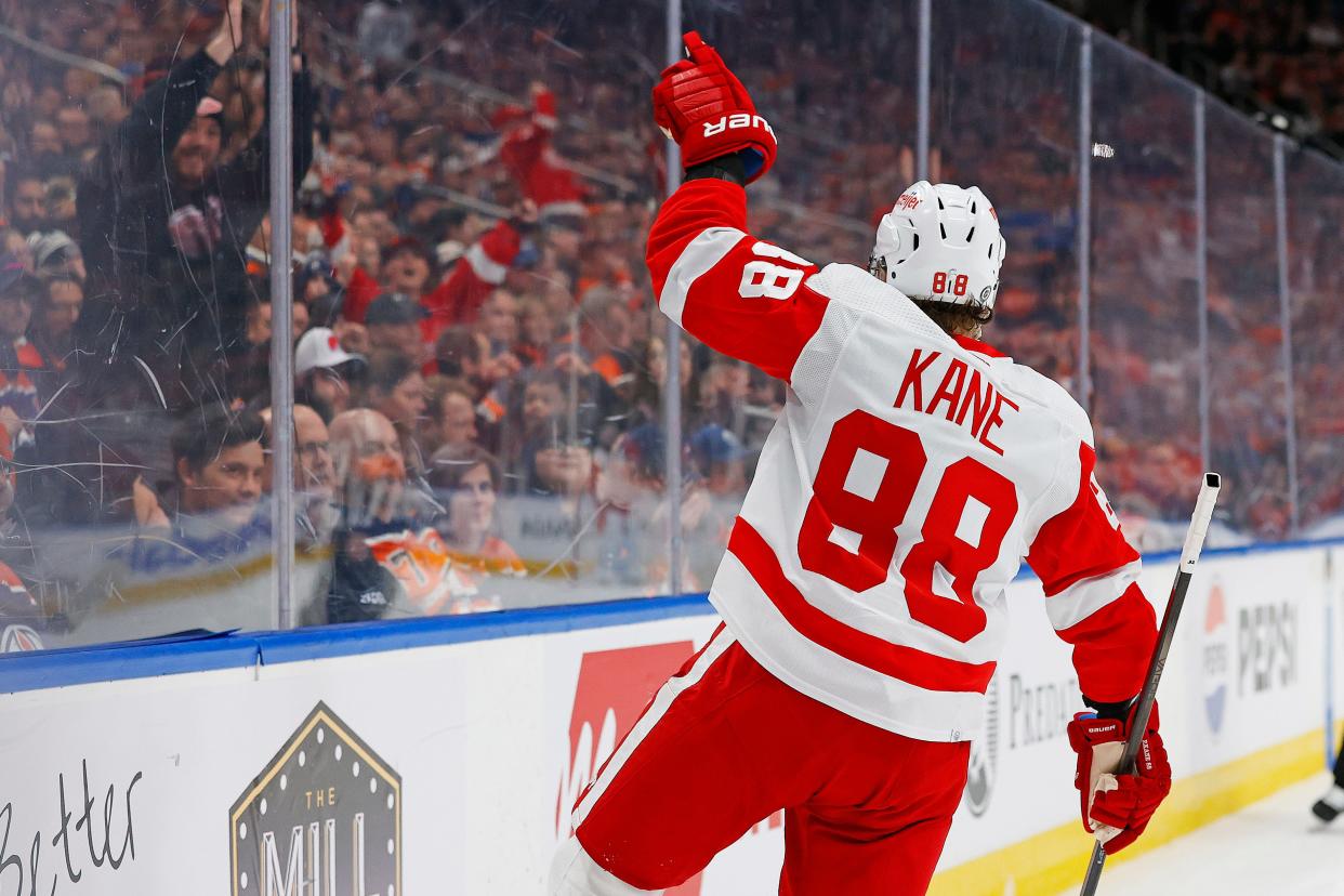 Red Wings forward Patrick Kane celebrates his goal scored during the second period on Tuesday, Feb. 13, 2024, in Edmonton, Alberta.