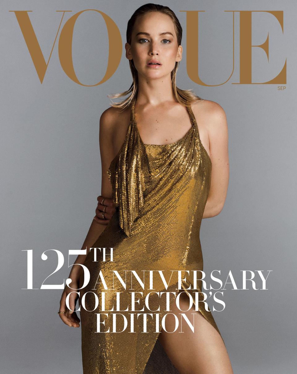 Jennifer Lawrence wears a Versace dress. David Yurman rings. <em>Hair: Christiaan; Makeup: Peter Philips for Dior.</em>