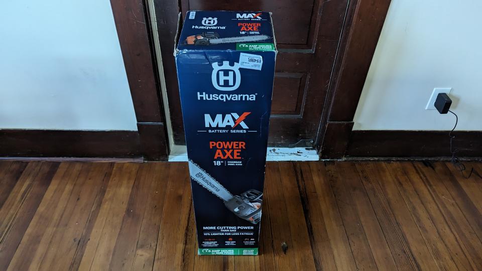 Packaging of the Husqvarna Power Axe 350i Cordless Electric Chainsaw