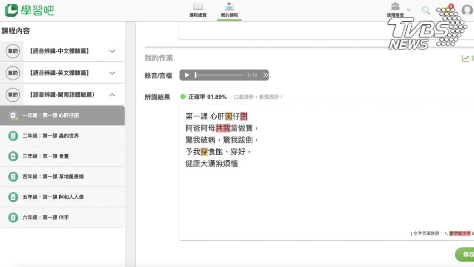 學習吧的AI閩南語辨識，讓孩子朗讀閩南語時自動分辨正確率情況 （圖/學習吧）