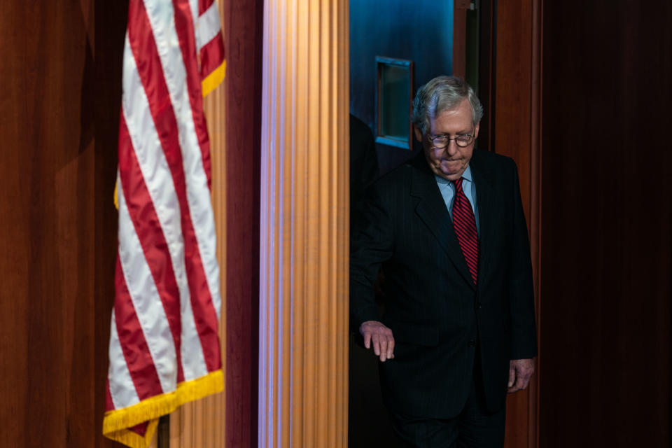 WASHINGTON, DC - SEPTEMBER 22: Senate Minority Leader Mitch McConnell (R-KY) arrives for a news conference on the Debt Ceiling at the U.S. Capitol on Wednesday, Sept. 22, 2021 in Washington, DC. The Senate is working to reach a deal to raise the federal debt-limit as Congress struggles to find common ground on spending priorities.  (Kent Nishimura / Los Angeles Times via Getty Images)