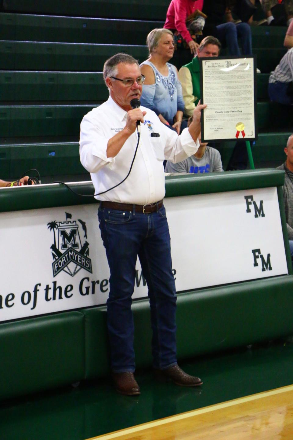 Fort Myers Mayor Kevin Anderson with one of the proclamations he has issued in more than 16months in office. Anderson was elected to replace Randy Henderson who resigned to run for Congress,  in 2020. Anderson is running for re-election.