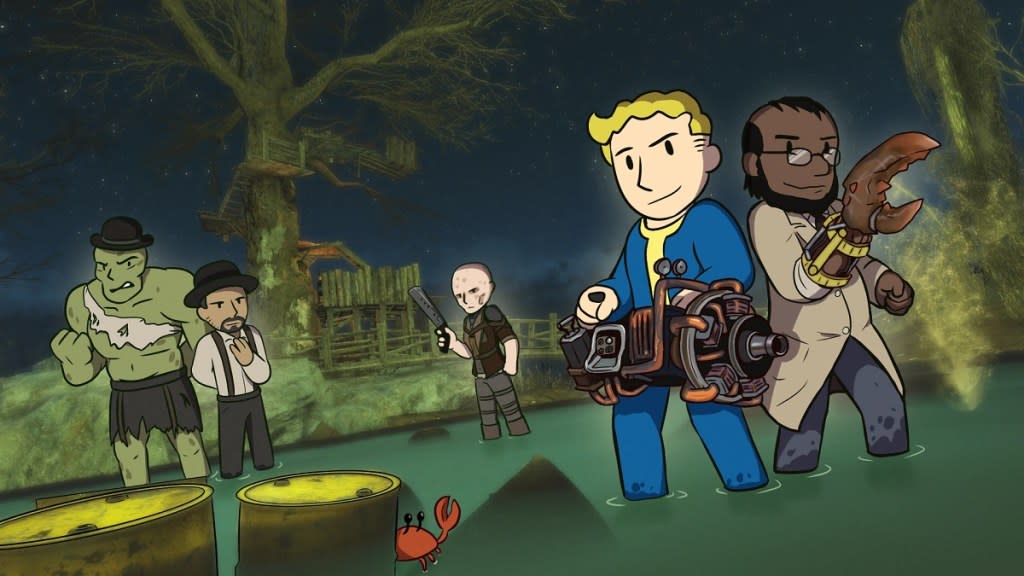 Fallout 4: a cartoon image from the Shady Motives mod showing a Vault Sweller and other characters.