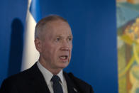 Israeli Minister of Defence Yoav Gallant speaks during a joint statement with his U.S. counterpart, Secretary of Defense Lloyd Austin following their meeting at Ben Gurion International Airport in Thursday, March 9, 2023. (AP Photo/Maya Alleruzzo)